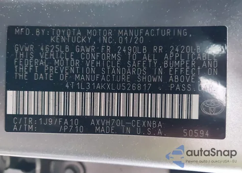 2020 Toyota Camry Hybrid Le из США, поврежденный, VIN 4T1L31AKXLU526817